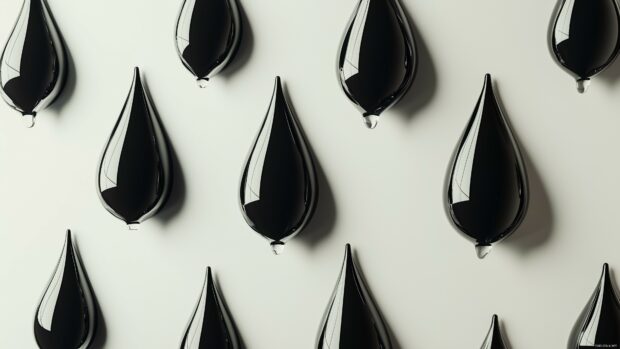 A collection of smooth, black 3D drops or teardrops gently suspended in a minimalist space.