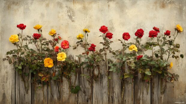 A collection of wild roses HD desktop wallpaper with vibrant colors growing against a rustic fence.