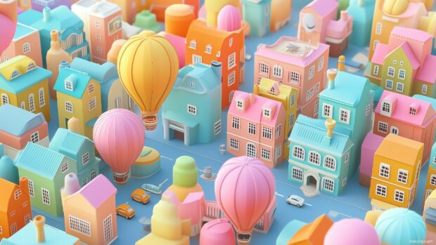 A colorful 3D cityscape with cartoonish buildings, cars, and hot air balloons.