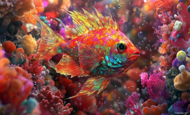 A colorful 3D fish darting through the water.