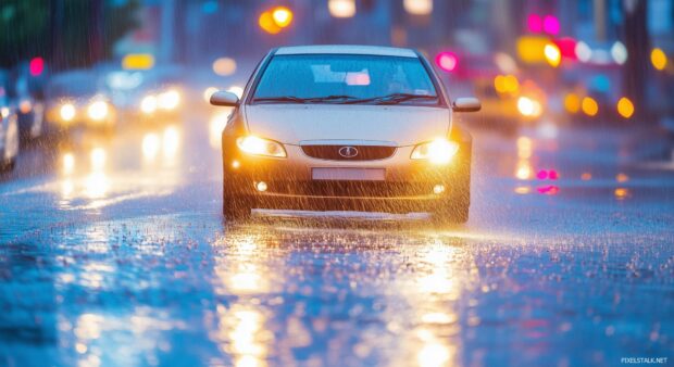 A compact car navigating through heavy rain in a bustling city.