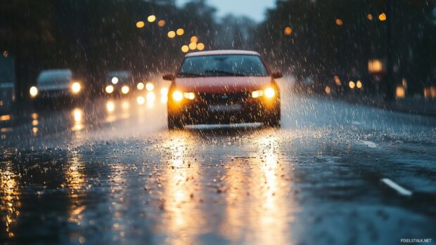 A compact car navigating through heavy rain in a bustling city, Car PC Wallpaper HD.