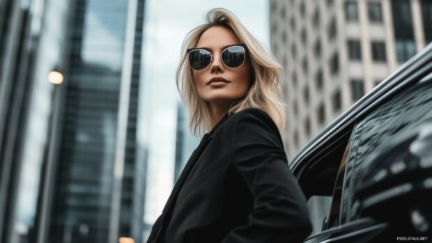 A confident woman with sunglasses, posing next to a luxury car in a chic urban setting.