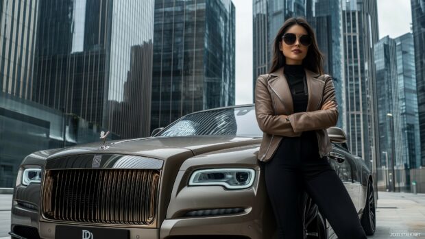 A confident woman with sunglasses, posing next to a luxury car in a chic urban setting, with modern skyscrapers and streetlights in the backdrop.