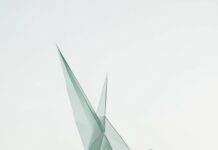 A cool 3D bird in mid flight, formed by geometric shapes and suspended above a calm, reflective water surface.