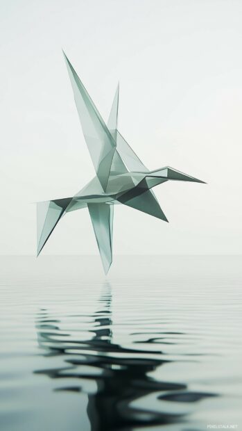 A cool 3D bird in mid flight, formed by geometric shapes and suspended above a calm, reflective water surface.