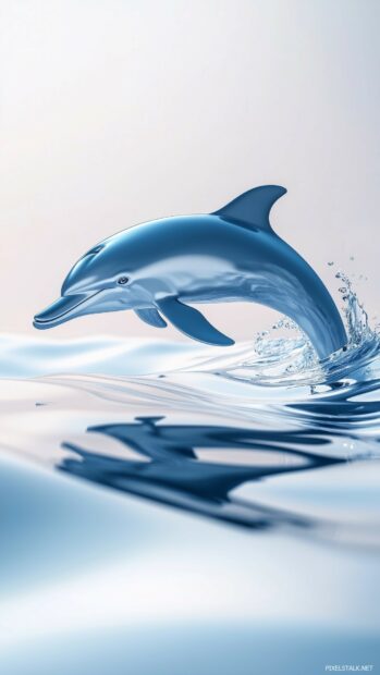 A cool 3D dolphin swimming through translucent waves, with soft ripples and reflections on the water surface creating a calm and elegant scene.