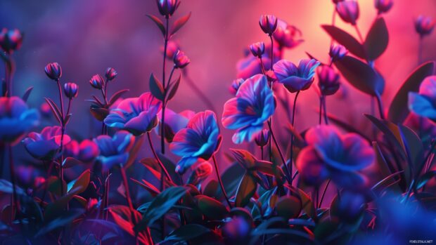 A cool 3D fantasy scene with flowers of unusual shapes and vibrant, glowing colors.