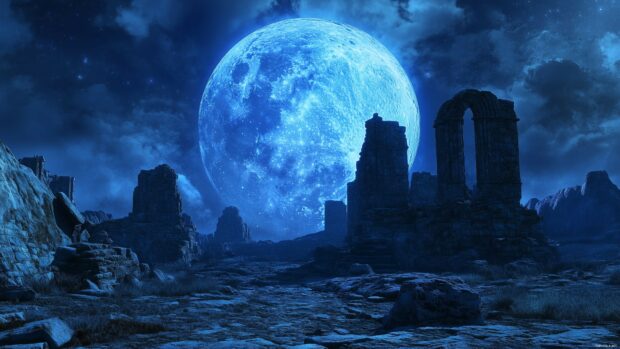 A cool Blue Moon rising behind a silhouette of ancient ruins.