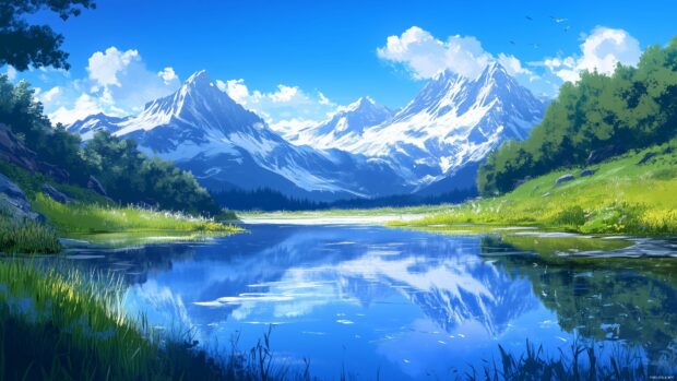 A cool alpine background with snow dusted peaks and a serene glacial lake reflecting the mountains.