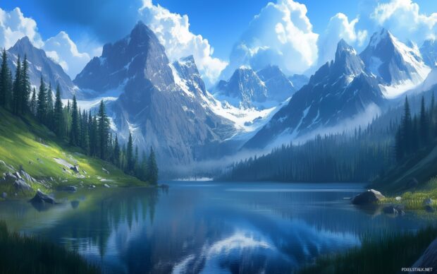 A cool alpine scene with snow dusted peaks and a serene glacial lake reflecting the mountains.