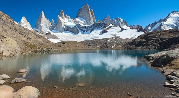 A cool alpine wallpaper with snow dusted peaks and a serene glacial lake reflecting the mountains.