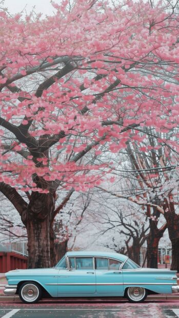 A cool car parked under blooming cherry blossom trees.