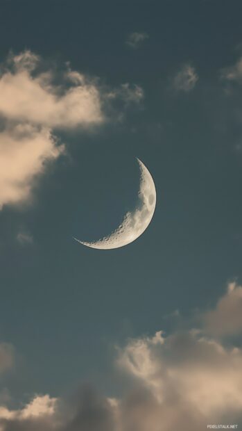 A cool crescent moon in a soft, pastel sky, with elegant lines of clouds drifting gently.