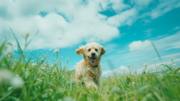 A cool dog running through a vibrant green field with a bright blue sky.