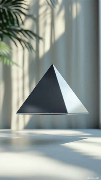 A cool, floating 3D pyramid with sharp edges and a polished metallic surface.