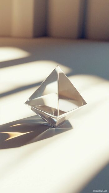 A cool, floating 3D pyramid with sharp edges and a polished metallic surface, casting a gentle shadow in a clean, minimal environment.