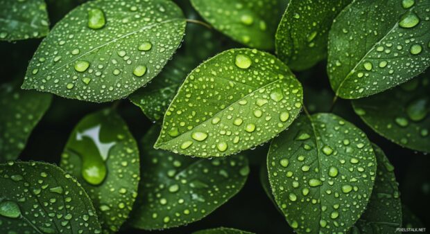 A cool green leaf wallpaper HD featuring a close up view of dew covered leaves with intricate details.