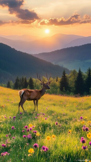 A cool mountain meadow with grazing deer and vibrant wildflowers under golden sunlight.