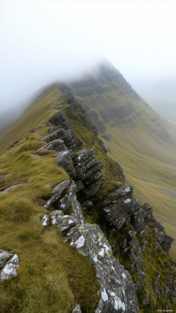 A cool mountain ridge with jagged rocks and low lying clouds, creating a mysterious atmosphere.