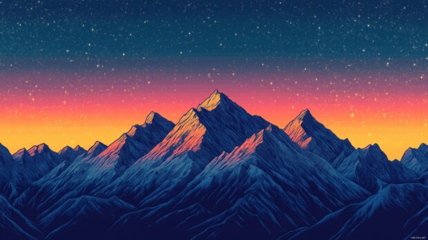 A cool  mountain wallpaper 4K with sharp peaks under a vibrant starry night sky.