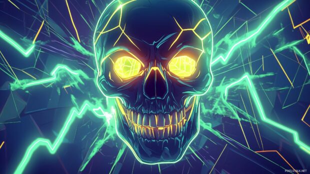 A cool neon skull with electric green and yellow lights radiating from its eyes and mouth, surrounded by abstract geometric shapes.