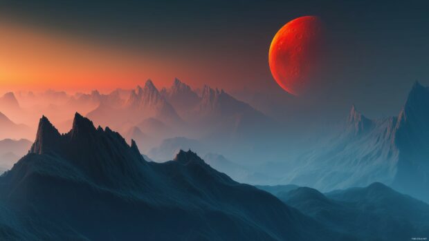 A cool red moon setting behind a rugged mountain range.