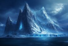 A cool snow mountain 4K wallpaper with icy cliffs and deep blue shadows.