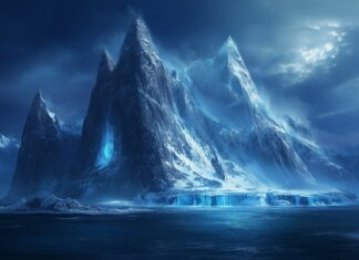 A cool snow mountain 4K wallpaper with icy cliffs and deep blue shadows.