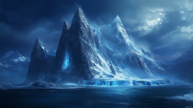 A cool snow mountain 4K wallpaper with icy cliffs and deep blue shadows.