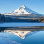 A cool snowy Mountain photo reflecting on a partially frozen alpine lake.