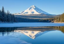 A cool snowy Mountain photo reflecting on a partially frozen alpine lake.