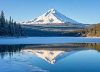 A cool snowy Mountain photo reflecting on a partially frozen alpine lake.