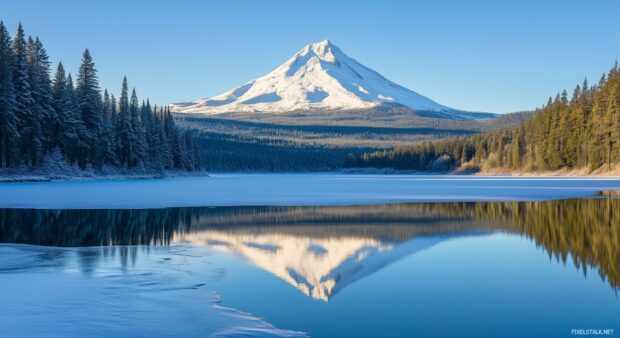 A cool snowy Mountain photo reflecting on a partially frozen alpine lake.