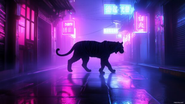 A cool tiger silhouette walking through a futuristic neon lit alley, glowing purple, blue, and pink neon signs reflecting off its fur, misty atmosphere.