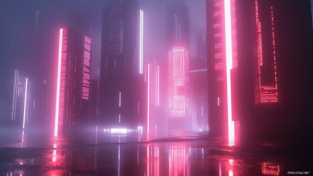 A cool view of a Cyberpunk city with a focus on a few key neon elements and tall buildings, set against a dark, futuristic backdrop.