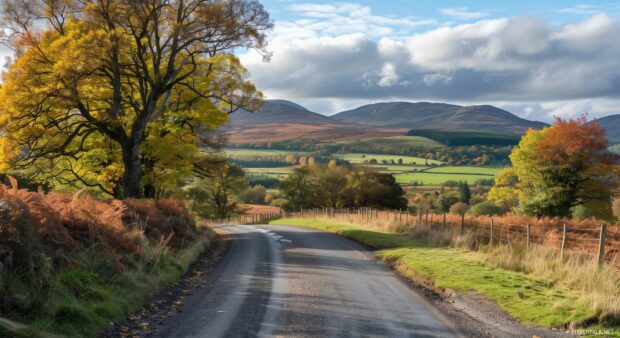 A country road lined with vibrant autumn trees leading towards distant hills.