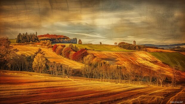 A countryside 1080p HD Background in autumn, fields and trees in various shades of gold and red.