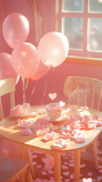 A cozy Valentine wallpaper with heart shaped balloons, soft pink lighting, and rose petals scattered across a table.