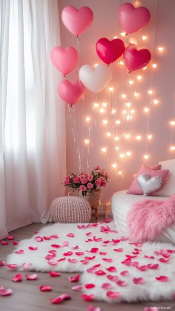 A cozy Valentines wallpaper with heart shaped balloons, soft pink lighting, and rose petals scattered across a table.