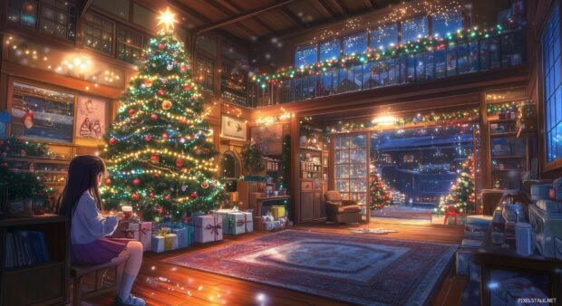 A cozy anime scene of a festive living room decorated with twinkling lights and a beautifully adorned Christmas tree.