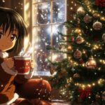 A cozy anime scene of a festive living room decorated with twinkling lights and a beautifully adorned Christmas tree, with characters enjoying hot cocoa and holiday cheer.