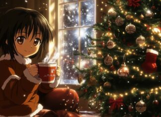 A cozy anime scene of a festive living room decorated with twinkling lights and a beautifully adorned Christmas tree, with characters enjoying hot cocoa and holiday cheer.