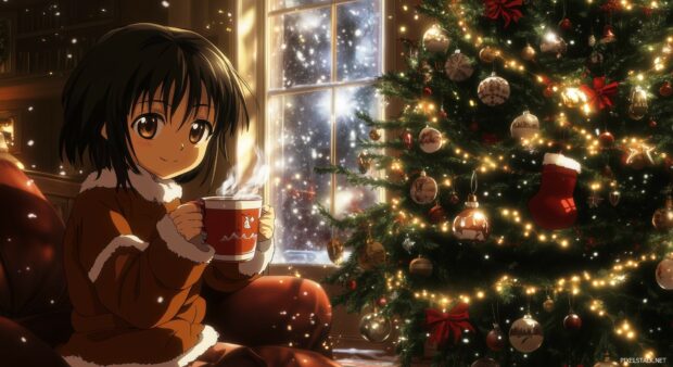 A cozy anime scene of a festive living room decorated with twinkling lights and a beautifully adorned Christmas tree, with characters enjoying hot cocoa and holiday cheer.