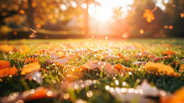 A cozy autumn morning with dew on the grass and leaves, sunlight streaming through the trees.