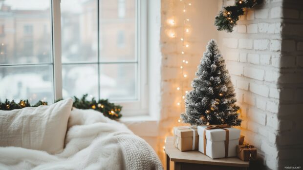 A cozy corner with a small Christmas tree and a stack of presents.