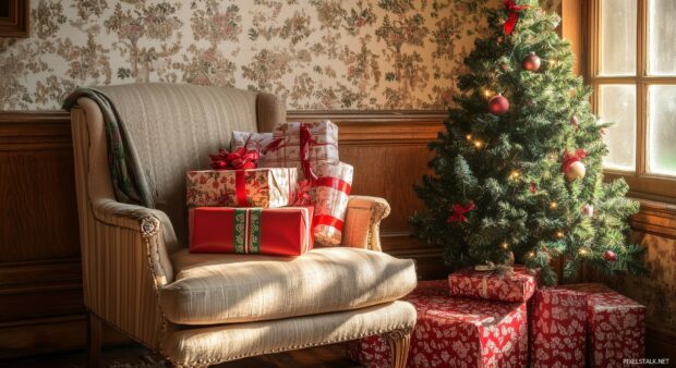 A cozy corner with a vintage armchair, a stack of wrapped gifts, and a small Christmas tree, all set against a backdrop of old fashioned wallpaper and holiday decorations (2).