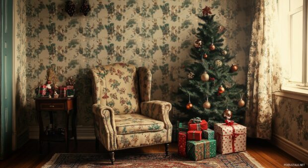 A cozy corner with a vintage armchair, a stack of wrapped gifts, and a small Christmas tree, all set against a backdrop of old fashioned wallpaper and holiday decorations (3).