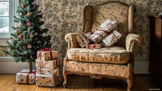 A cozy corner with a vintage armchair, a stack of wrapped gifts, and a small Christmas tree, all set against a backdrop of old fashioned wallpaper and holiday decorations (5).