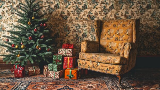 A cozy corner with a vintage armchair, a stack of wrapped gifts, and a small Christmas tree, all set against a backdrop of old fashioned wallpaper and holiday decorations.